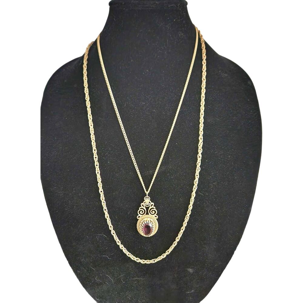 Vintage Double Stranded Gold Tone Longer Chain Necklace w/Purple Crystal Pendant